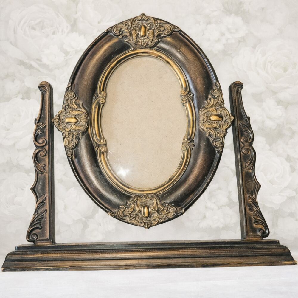Vintage Brown and Gold Baroque Oval Tabletop Swivel Frame Ornate Victorian Style
